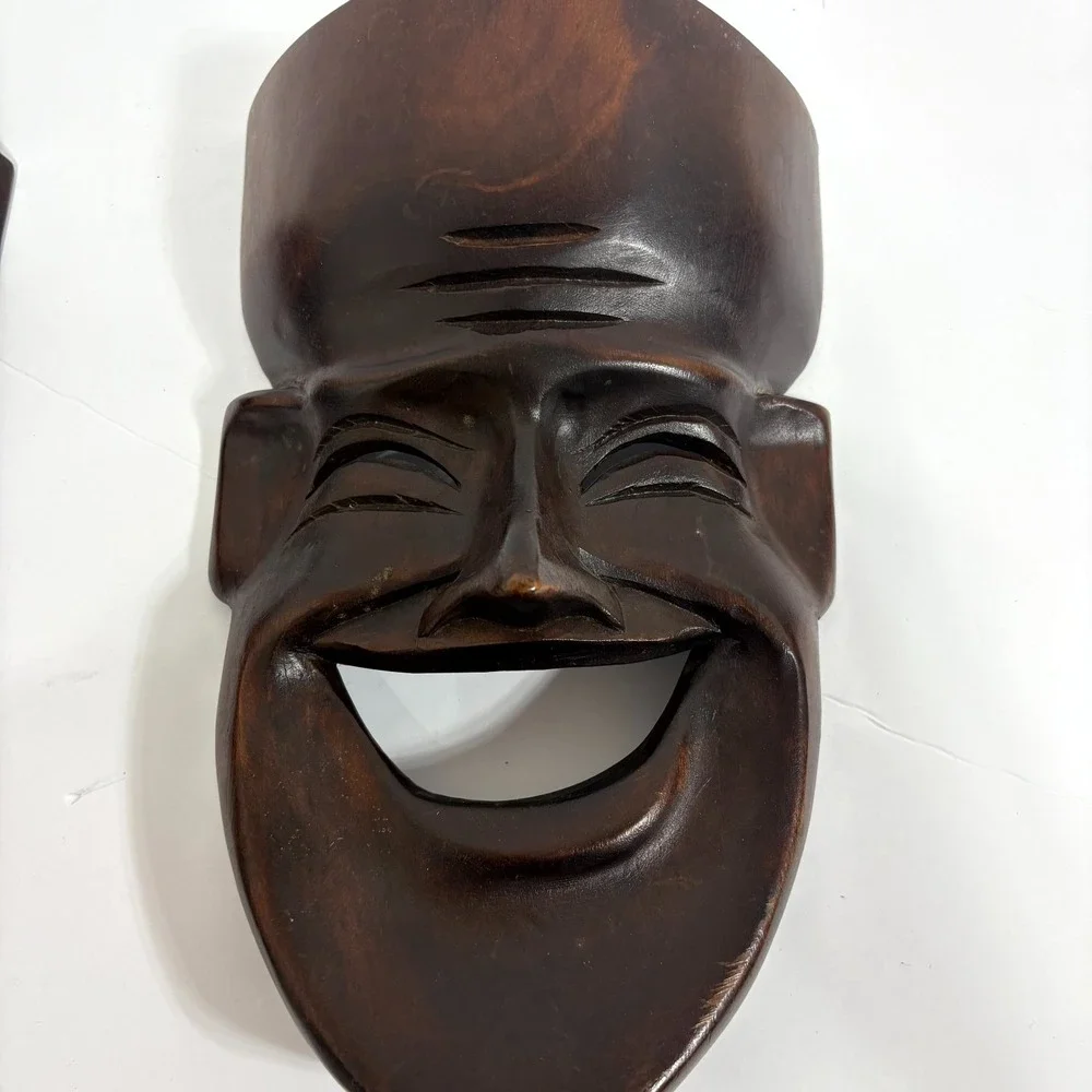 2 Vintage Hand Carved Wood Comedy Tragedy Drama Masks Natural Varnished Wall Art